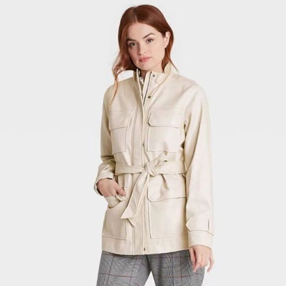 NWT Target NEW DAY Faux Leather Anorak Jacket Stone Tie Waist Jacket XS - Picture 1 of 11